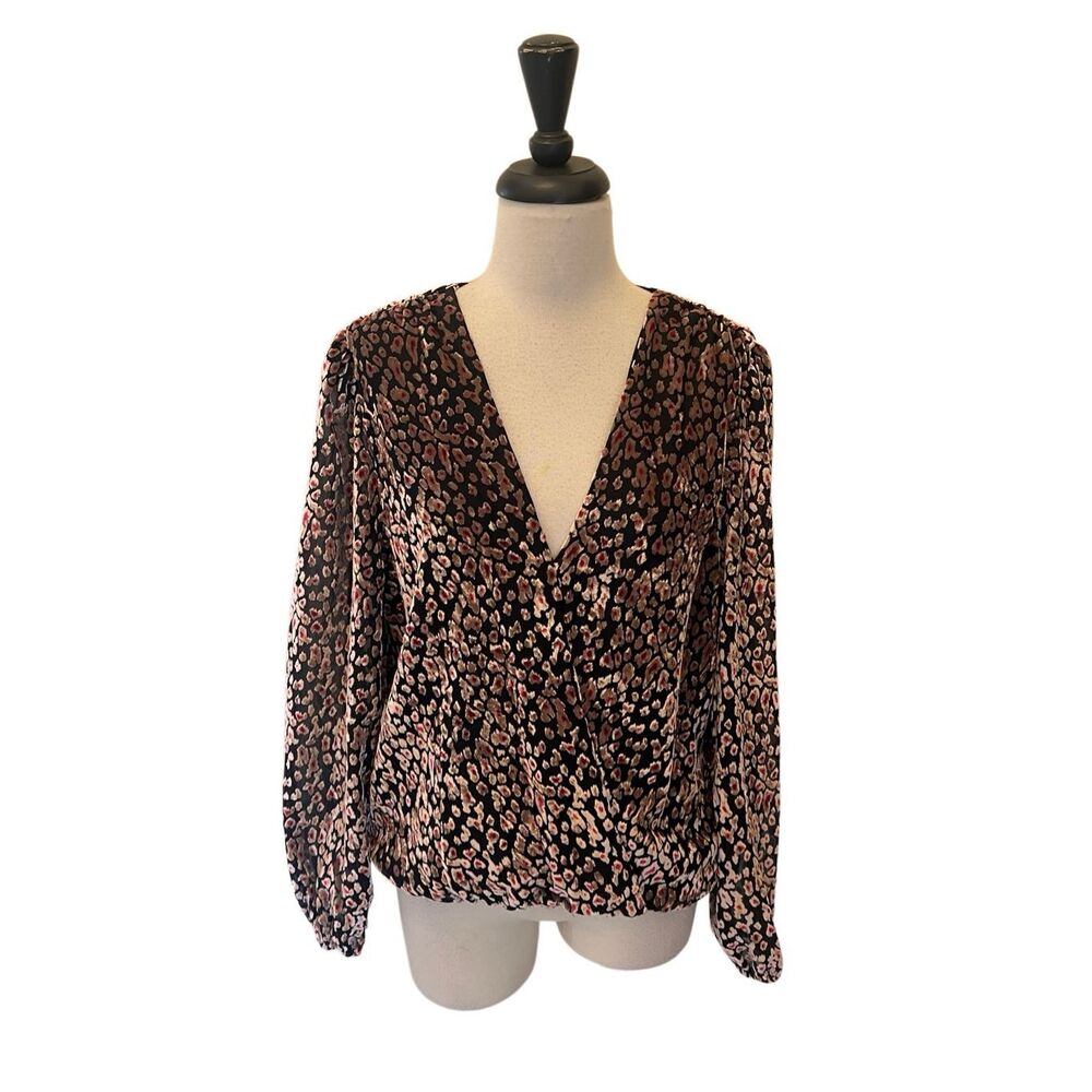 White House Black Market Women's Velvet Leopard Faux Wrap Top Black Pink Medium